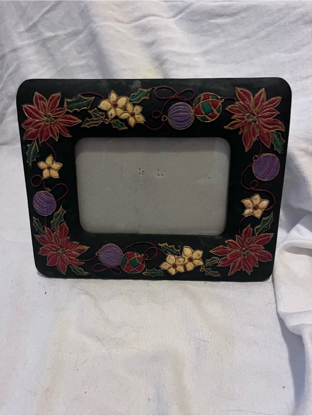 Festive Black Picture Frame with Red Poinsettia Accents - Unbranded